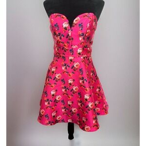 B Darlin Fuchsia Strapless Floral Gown Prom Formal Short Dance Dress Sz‎ 7 8 EUC
